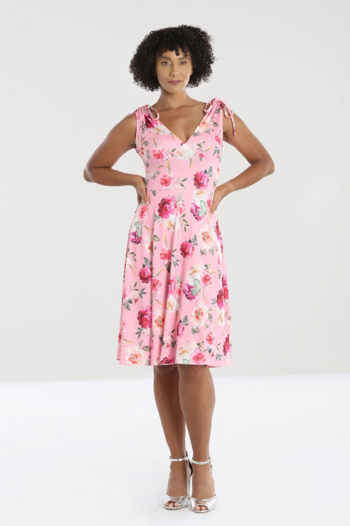 Dresses Hell Bunny Ana Rose Pink Floral V neck A Line Summer Dress