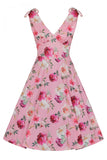 Dresses Hell Bunny Ana Rose Pink Floral V neck A Line Summer Dress
