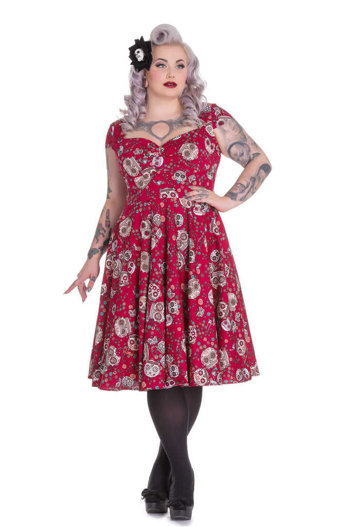Dresses Hell Bunny Calavera Day of the Dead Flower Sugar Skull Print Red Party Dress