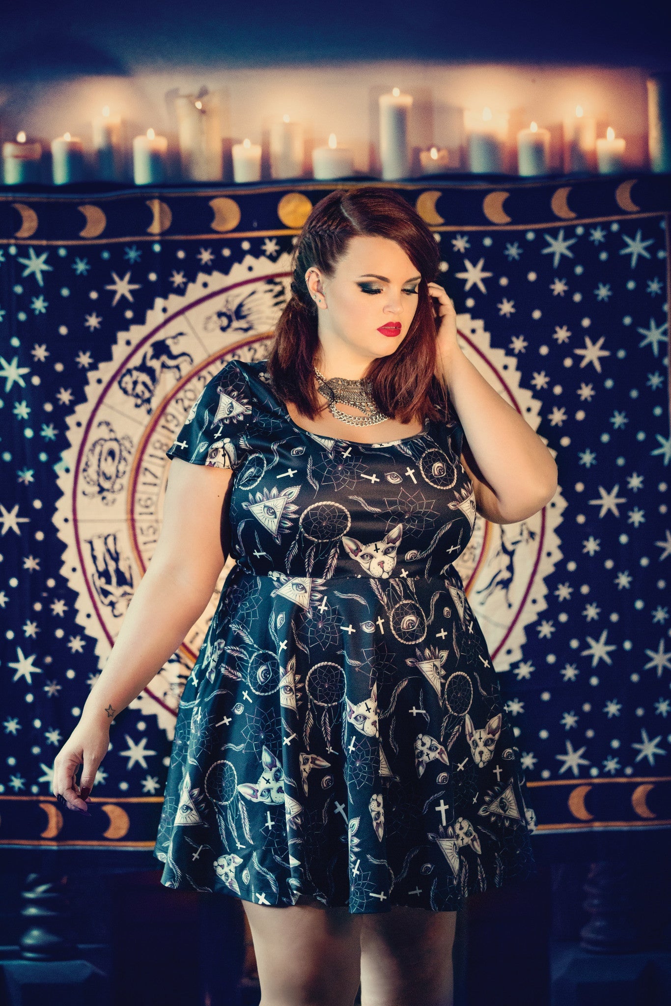 Hell Bunny Gothic Dark Side Sphynx Cat & Witchy Magic Skater Dress Hell Bunny Gothic Dark Side Sphynx Cat & Witchy Magic Skater Dress