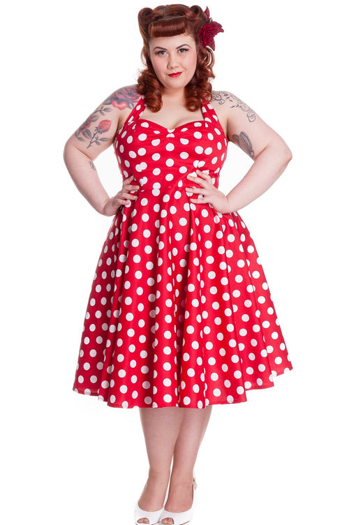 red white polka dot dress plus size Unique Vintage Plus Size Red & Ivory Polka Dot Dahlia Swing Dress