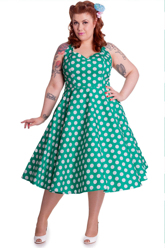 Dresses Hell Bunny Marian 50's Retro Halter Green and White Polka Dot Halter Dress