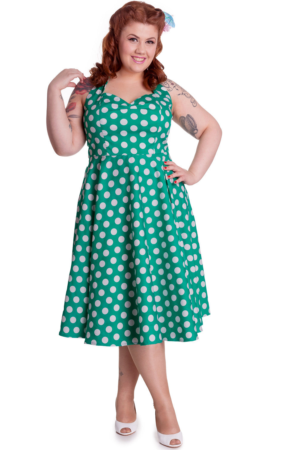 Dresses Hell Bunny Marian 50's Retro Halter Green and White Polka Dot Halter Dress