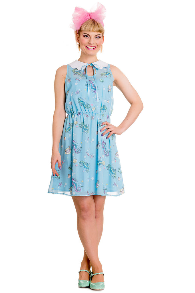 Dresses Hell Bunny Sea Punk Pastel Blue Bubble & Seahorse Sweet Blue Chiffon Dress