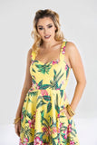 Dresses Hell Bunny Tropical Vacation Hawaiian Flower Print Yellow Summer Dress