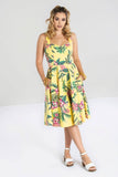 Dresses Hell Bunny Tropical Vacation Hawaiian Flower Print Yellow Summer Dress