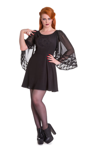 Dresses Spin Doctor Bewitched Black Moon & Stars Sheer Lace Wing Sleeves Black Dress