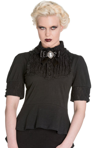 Tops Spin Doctor Victorian Steampunk Black Lace Insert Top with Cameo Brooch