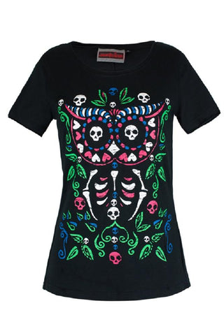 Tops Day of the Dead Sugar Skull Owl Pink Polka Dot Lace & Bow back T-shirt