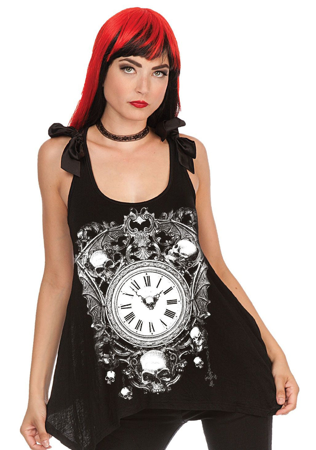 Tops XL / Black Gothic Skull & Clock Sheer Skull Lace Back w/ Bow Flare Tank Top