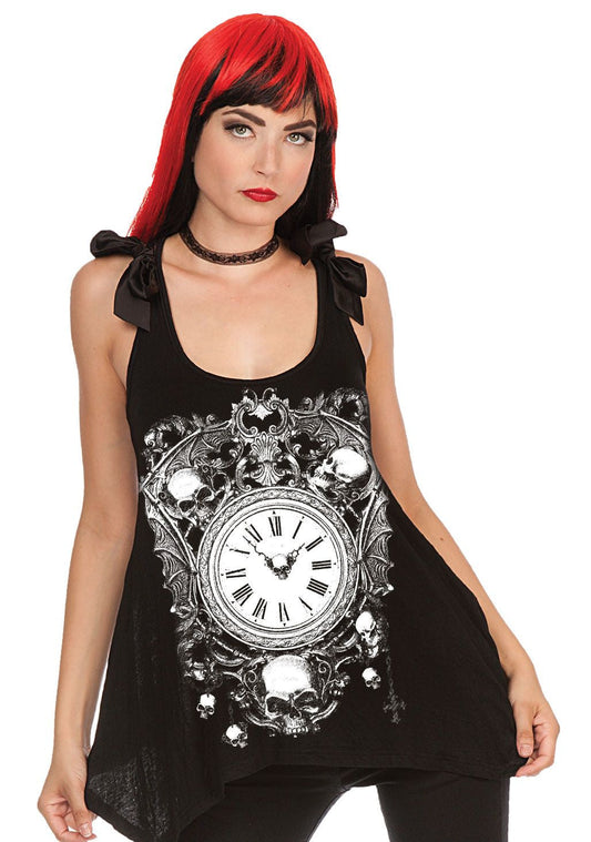 Tops XL / Black Gothic Skull & Clock Sheer Skull Lace Back w/ Bow Flare Tank Top