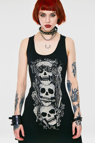 Tops S Gothic Three Wise Skulls See No Evil Black Slouchy Vest Tank Top