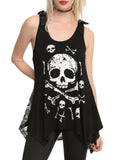 Tops Rockabilly Death Skull & X Bones Sheer Skull Lace Back Flare Tank with Bow Tank Top