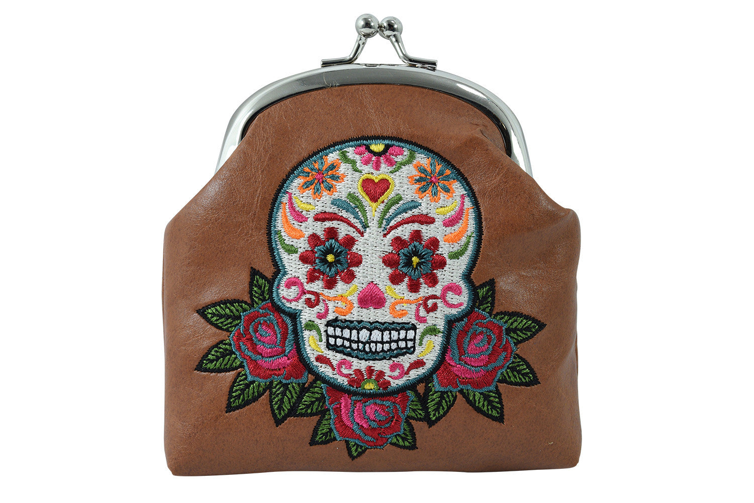 Accessories Brown Day of the Dead Rose & Sugar Skull Embroidered Coin Purse