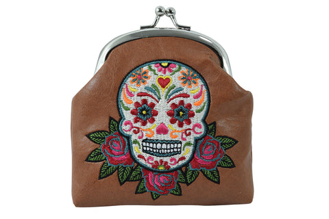 Accessories Brown Day of the Dead Rose & Sugar Skull Embroidered Coin Purse
