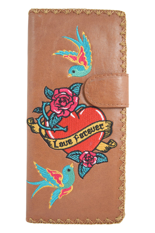 Accessories Brown Lavishy Tattoo Art love forever Sparrow birds embroidered Large flat wallet