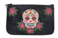 Accessories Black Rockabilly Rose & Sugar Skull Embroidered Small Flat Pouch