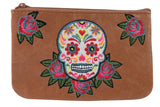 Accessories Brown Rockabilly Rose & Sugar Skull Embroidered Small Flat Pouch