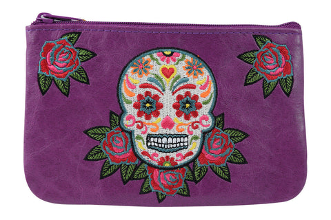 Accessories Purple Rockabilly Rose & Sugar Skull Embroidered Small Flat Pouch
