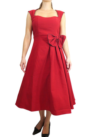 Dresses Rockabilly Pinup Vintage Style 60's Red Belted Flare Party Dress with Bow