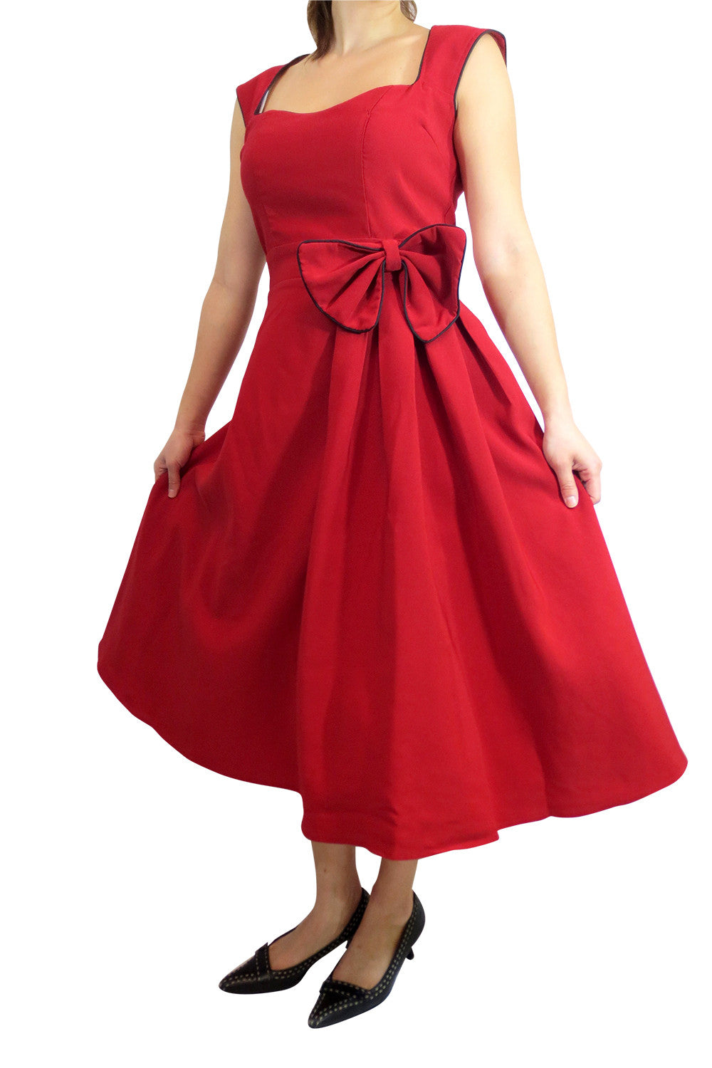 Dresses Rockabilly Pinup Vintage Style 60's Red Belted Flare Party Dress with Bow