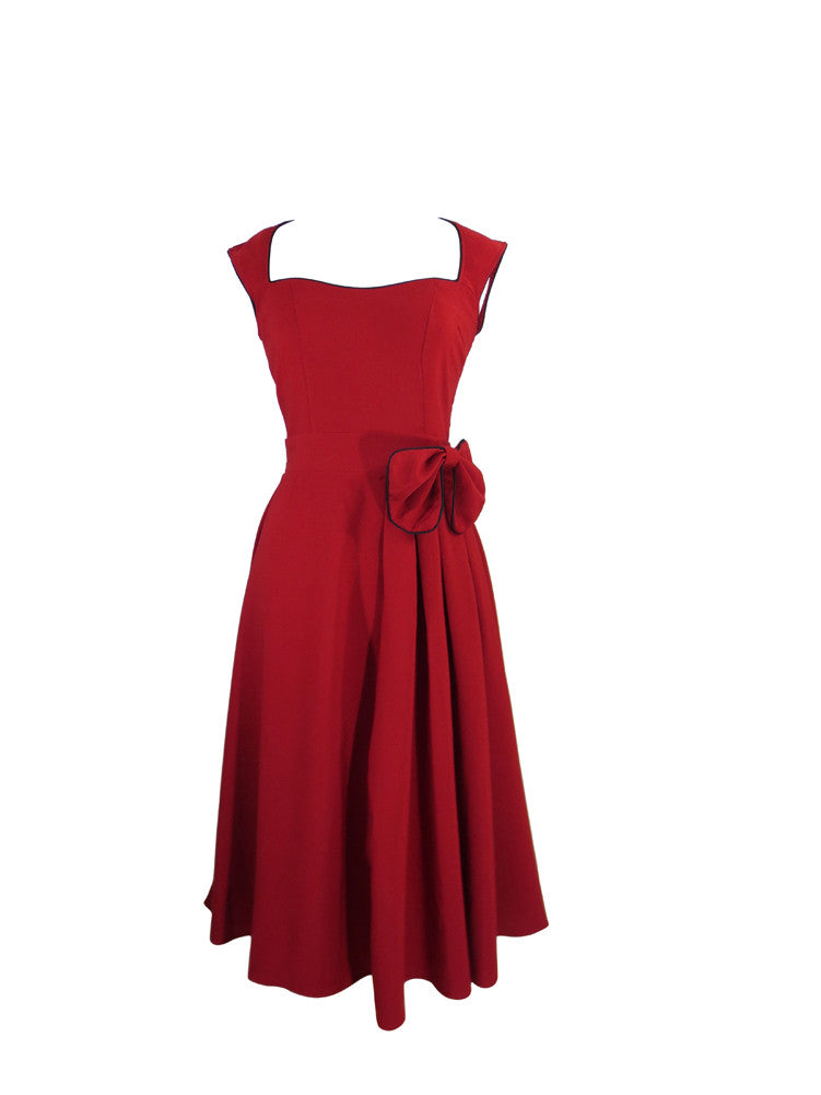 Dresses Rockabilly Pinup Vintage Style 60's Red Belted Flare Party Dress with Bow