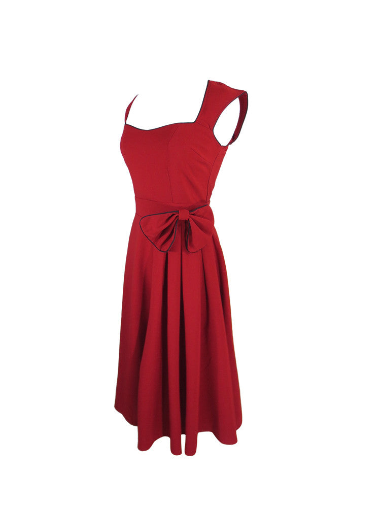 Dresses Rockabilly Pinup Vintage Style 60's Red Belted Flare Party Dress with Bow