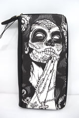 Accessories Liquorbrand Gypsy rose Praying Sugar Skull Woman Tattoo Skull zip around clutch Wallet