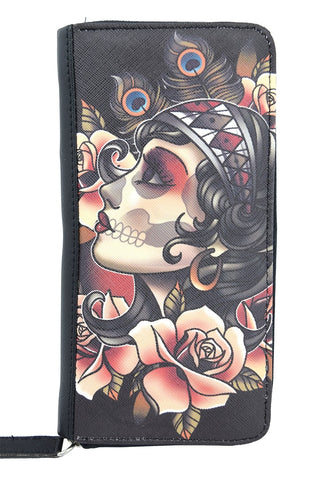 Accessories Liquorbrand Gypsy Rose Tattoo Sugar Skull Zip Around Clutch Wallet