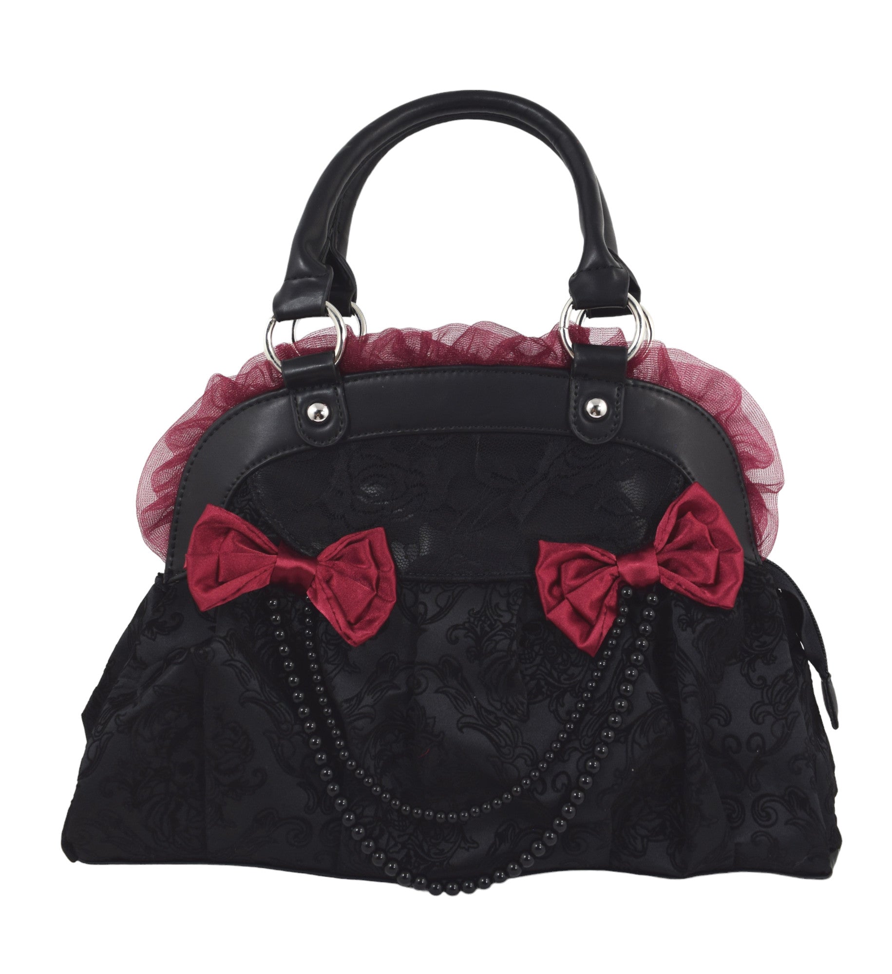 Dark Doll Gothic Lolita Flocked Skulls with Bows and Lace Bag Purse