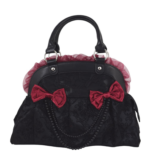 Dark Doll Gothic Lolita Flocked Skulls with Bows and Lace Bag Purse