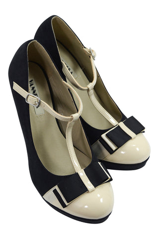 Accessories Vintage Inspired Black & Cream Two Tone Bow Accent T-strap Mary Jane Pumps