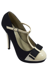 Accessories Vintage Inspired Black & Cream Two Tone Bow Accent T-strap Mary Jane Pumps