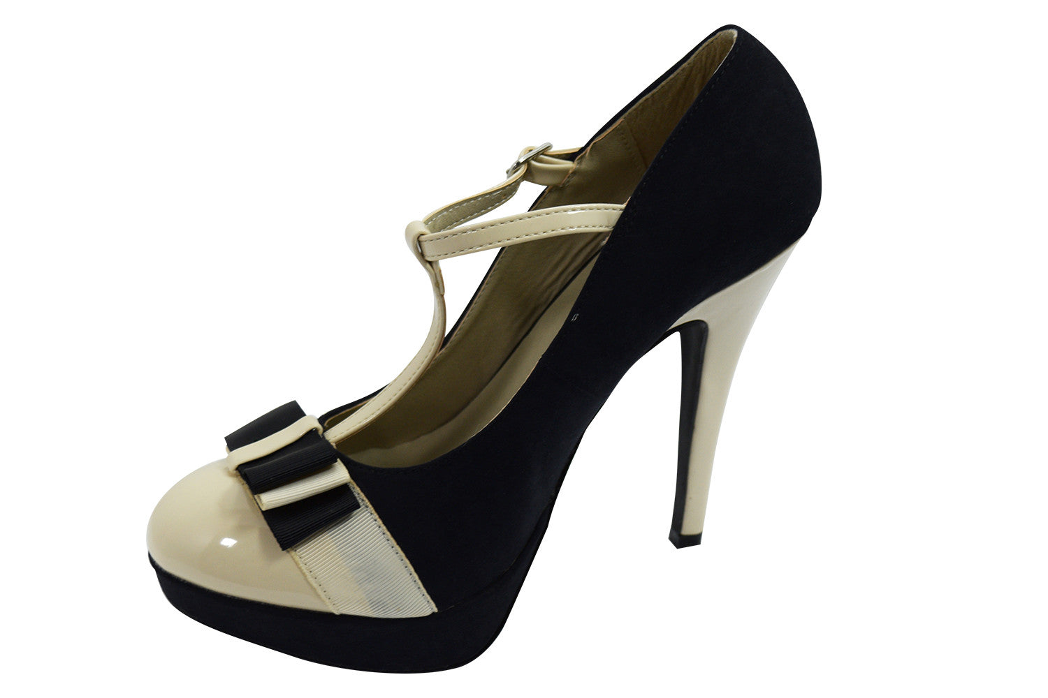 Accessories Vintage Inspired Black & Cream Two Tone Bow Accent T-strap Mary Jane Pumps