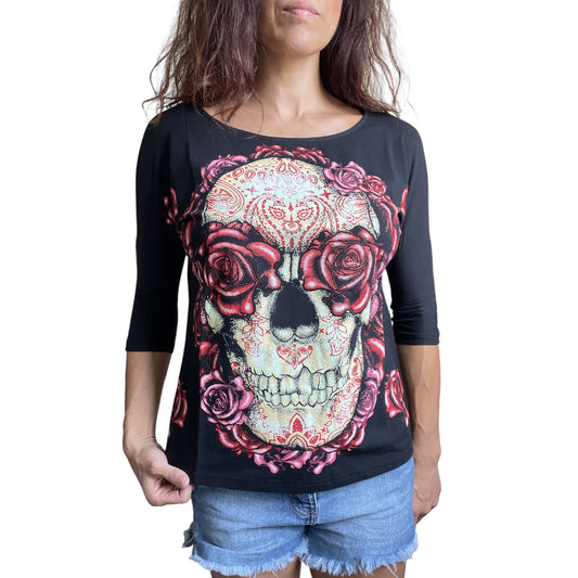 Jawbreaker Large Hamsa Skull &amp; Roses 3/4 Sleeve Pullover Top