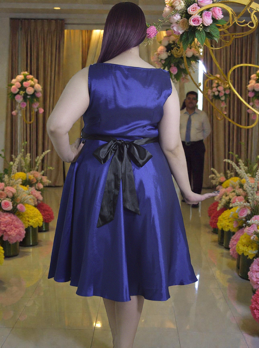 Women's Blue Dress - Blue Satin Tea Length Dress with Black Ribbon Sash, Bridesmaid, Prom, Cocktail Party - Skelapparel