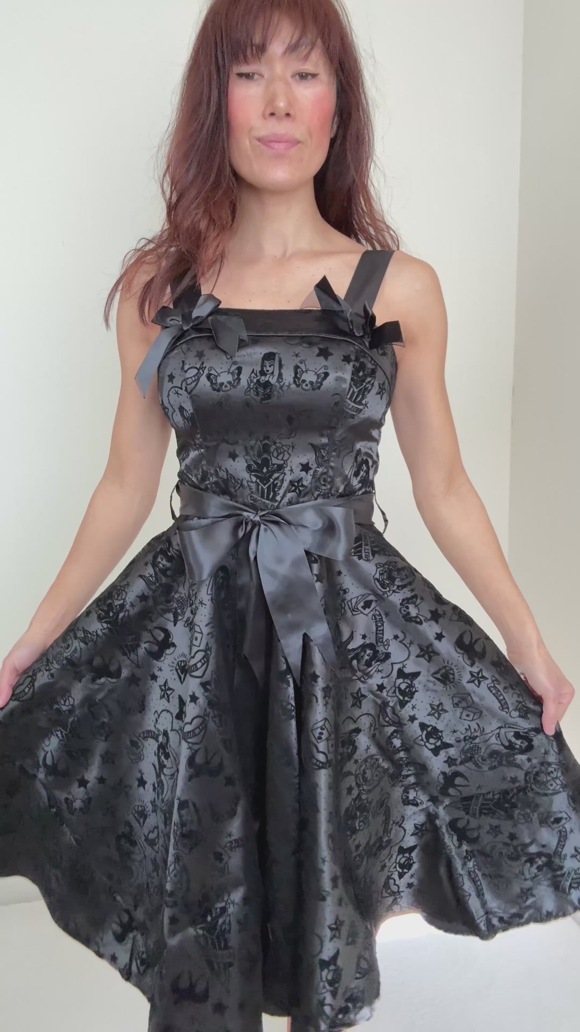 Hell Bunny 50s Black Satin Velvet Tattoo Art Flocked Cocktail Party Dress