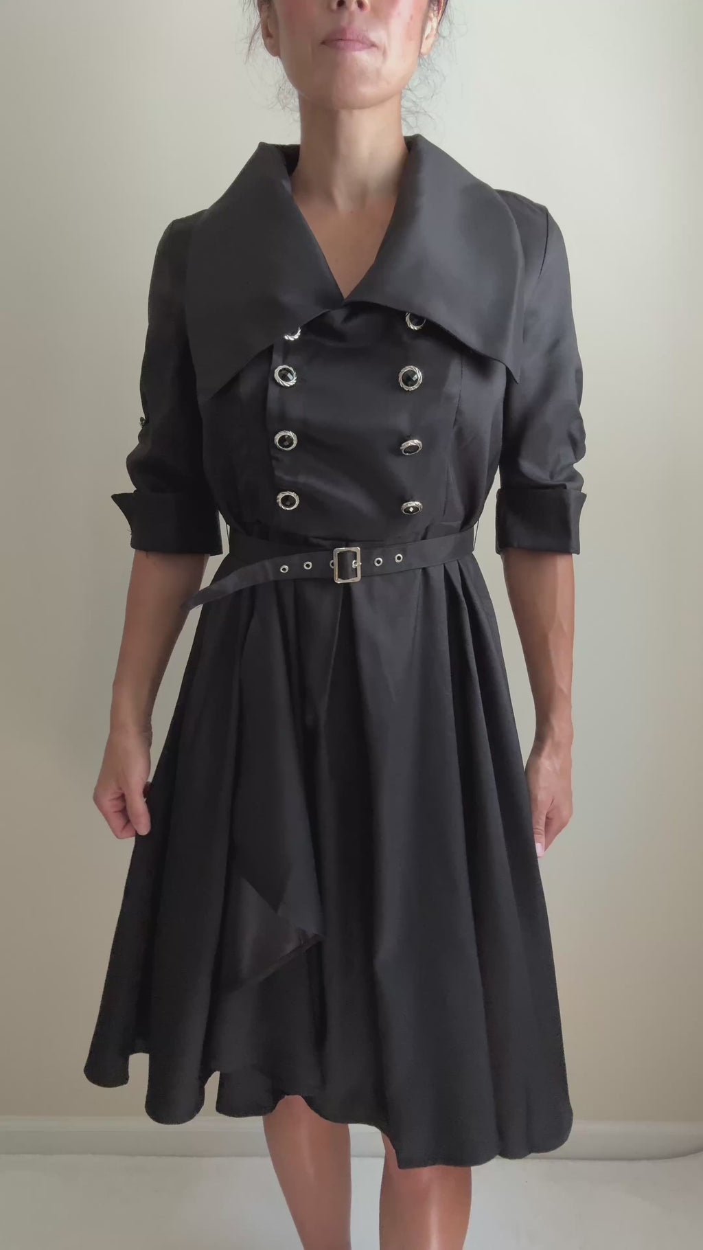 Gothic Steampunk Black Belted Military Style Swing Dress
