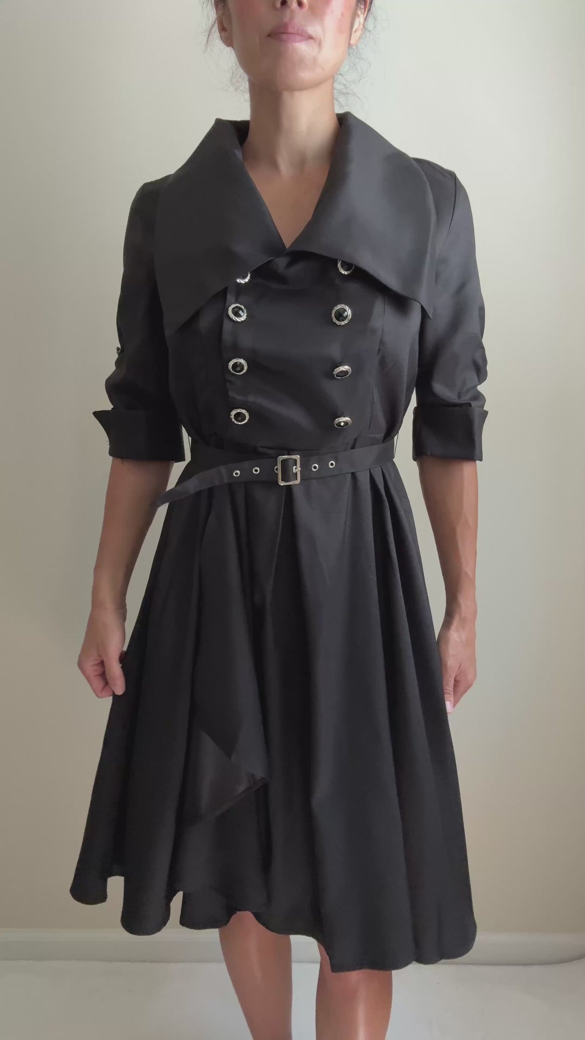 Gothic Steampunk Black Belted Military Style Swing Dress