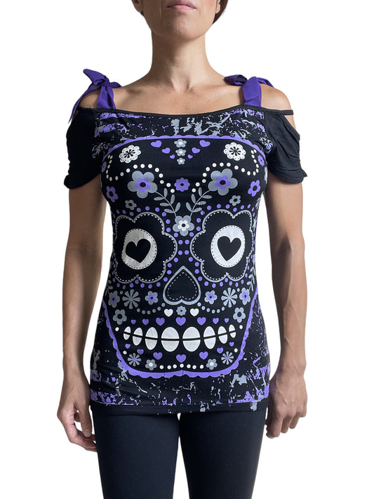 Banned Apparel Purple Candy Flower Sugar Skull Bow Tie Shoulder Straps Top