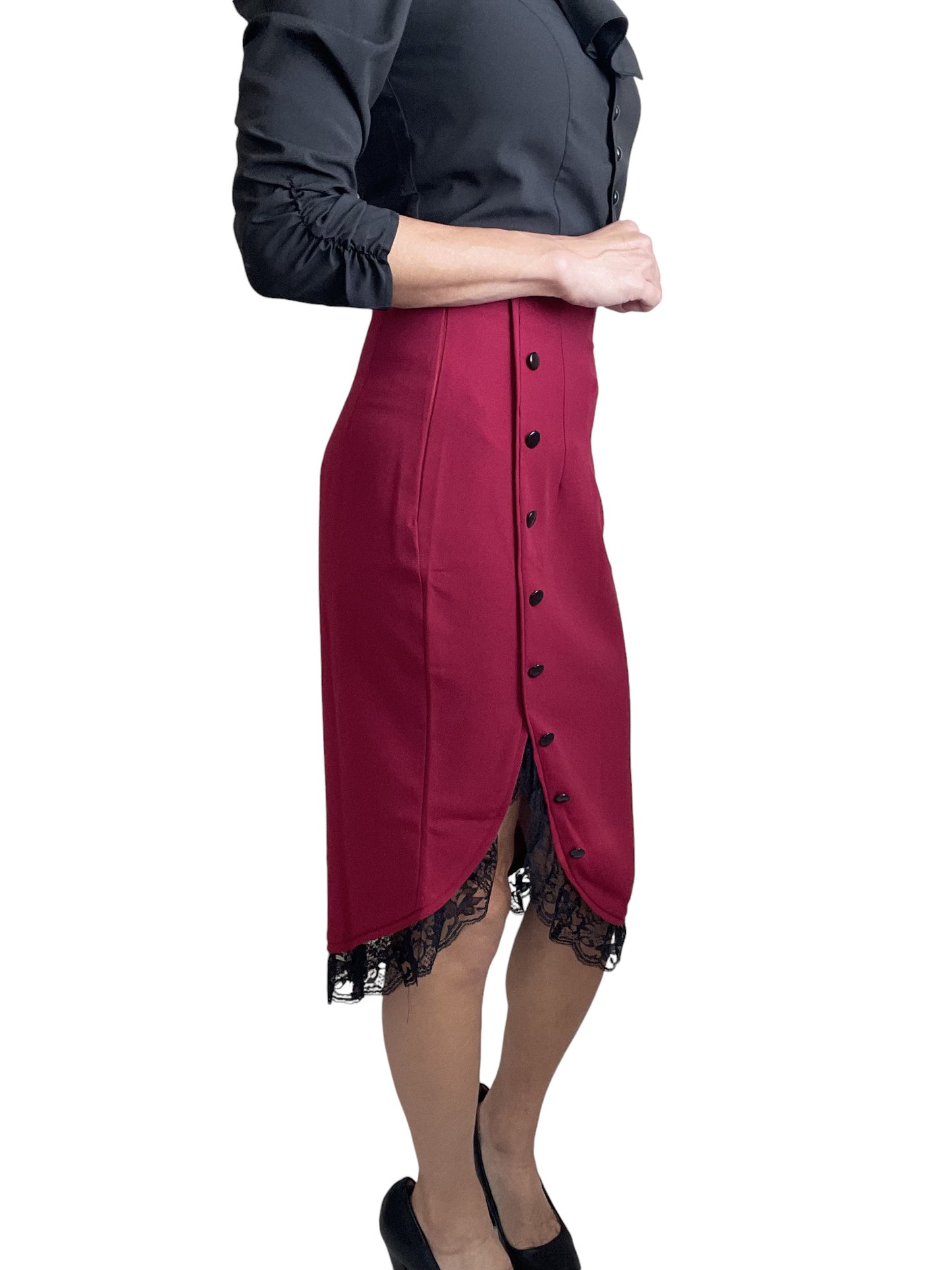 Women's 60's Red Vintage Lace Trim office Work high waisted Pencil Skirt