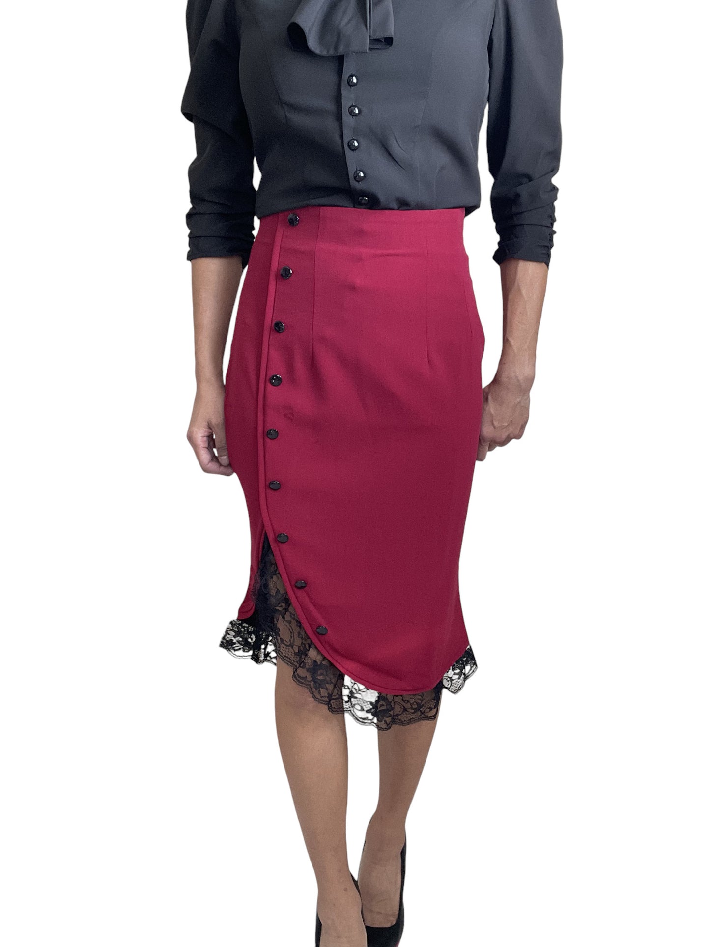 Women's 60's Red Vintage Lace Trim office Work high waisted Pencil Skirt