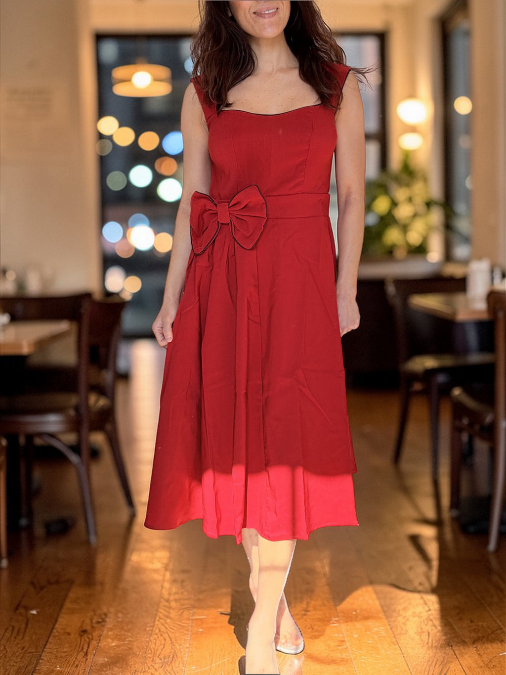 Red Retro Midi Dress Rockabilly Vintage Pinup Party Wedding Guest Bow, EU12 / Red