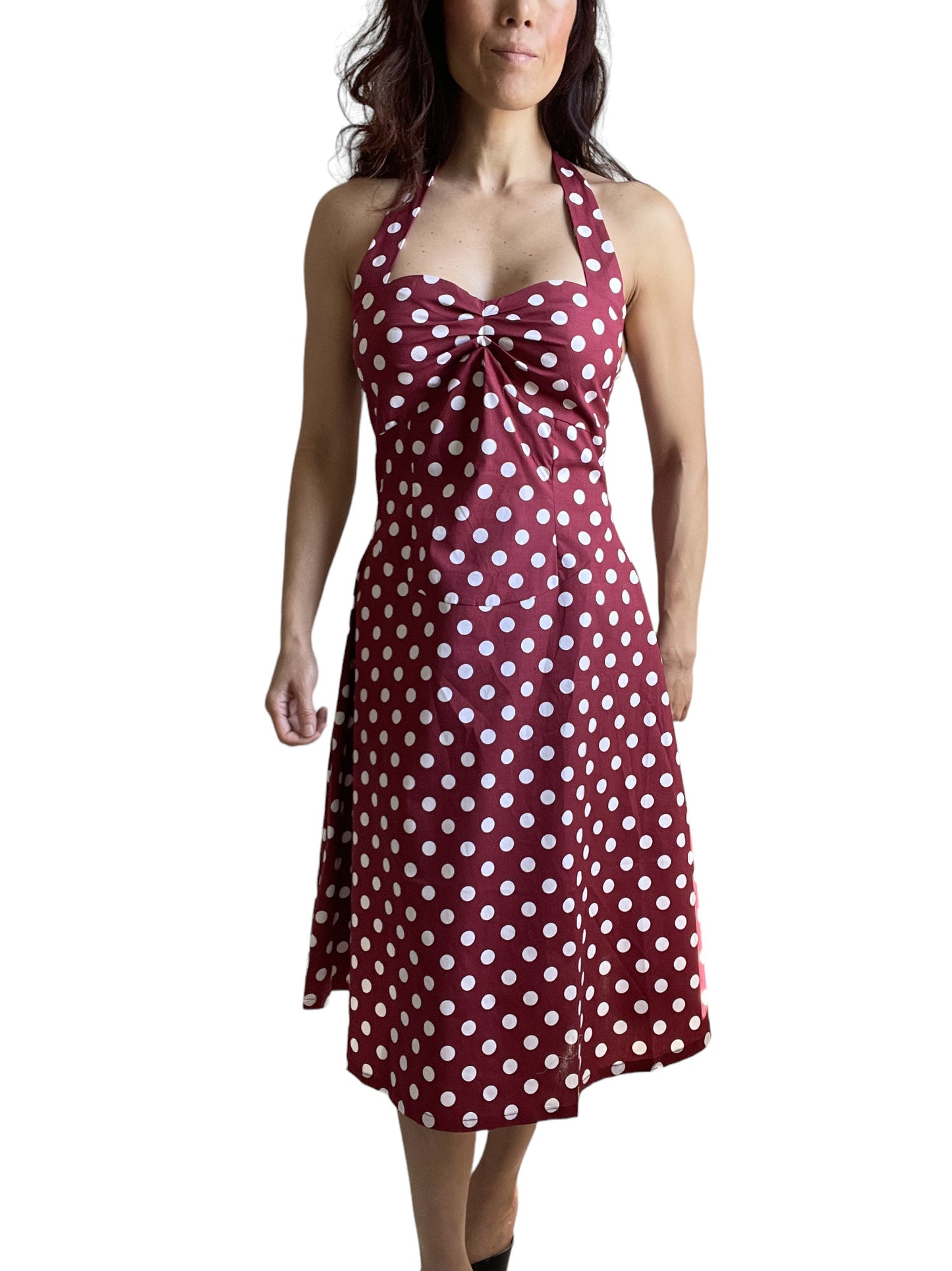 Red Polka Dot Cotton A-Line Halter Midi Summer Beach Dress - Casual Fit and Flare Sundress - Skelapparel
