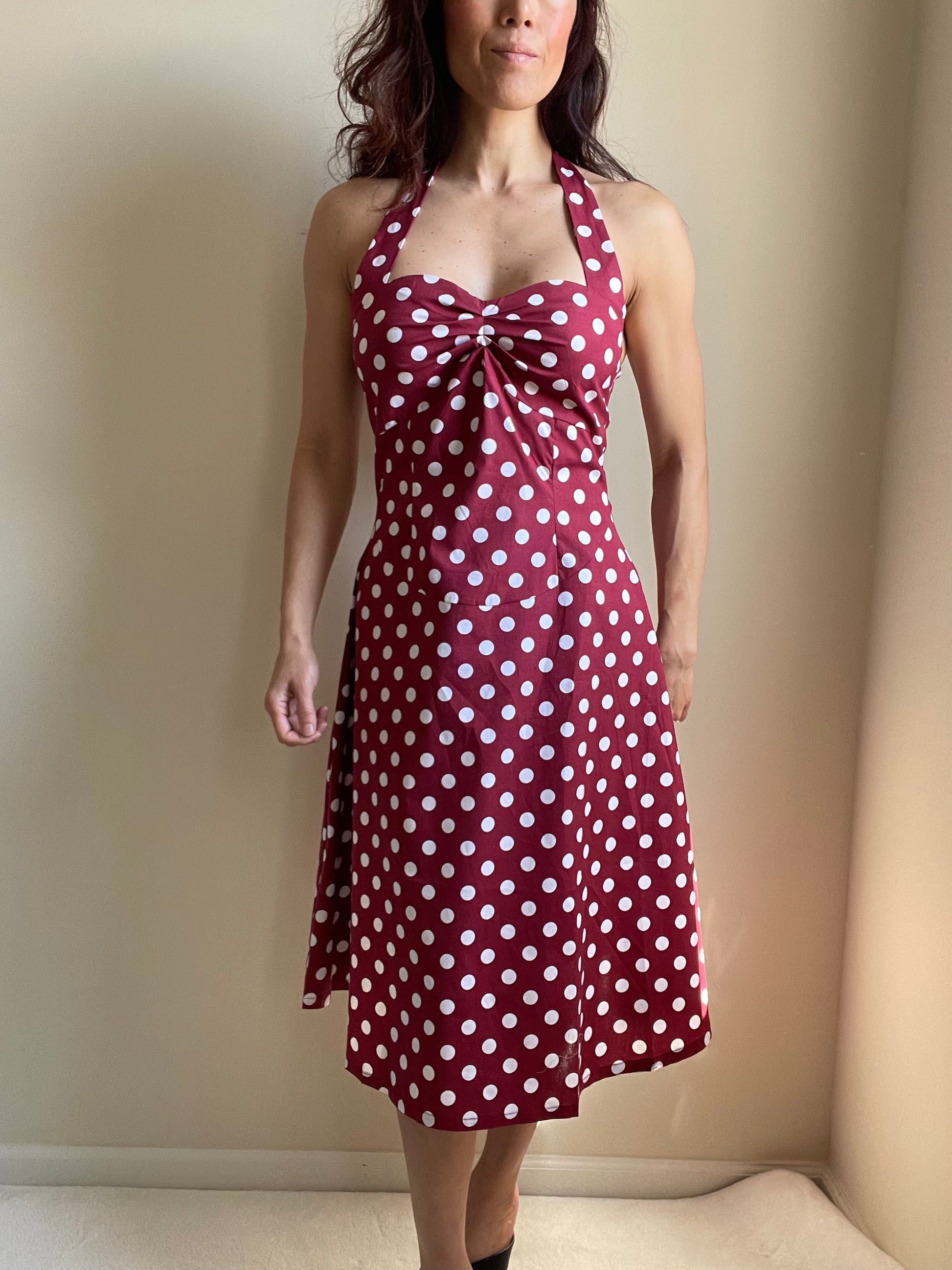 Red Polka Dot Cotton A-Line Halter Midi Summer Beach Dress - Casual Fit and Flare Sundress US10 (EU42) / Red Red Polka Dot Cotton A-Line Halter Midi Summer Beach Dress - Casual Fit and Flare Sundress US10 (EU42) / Red
