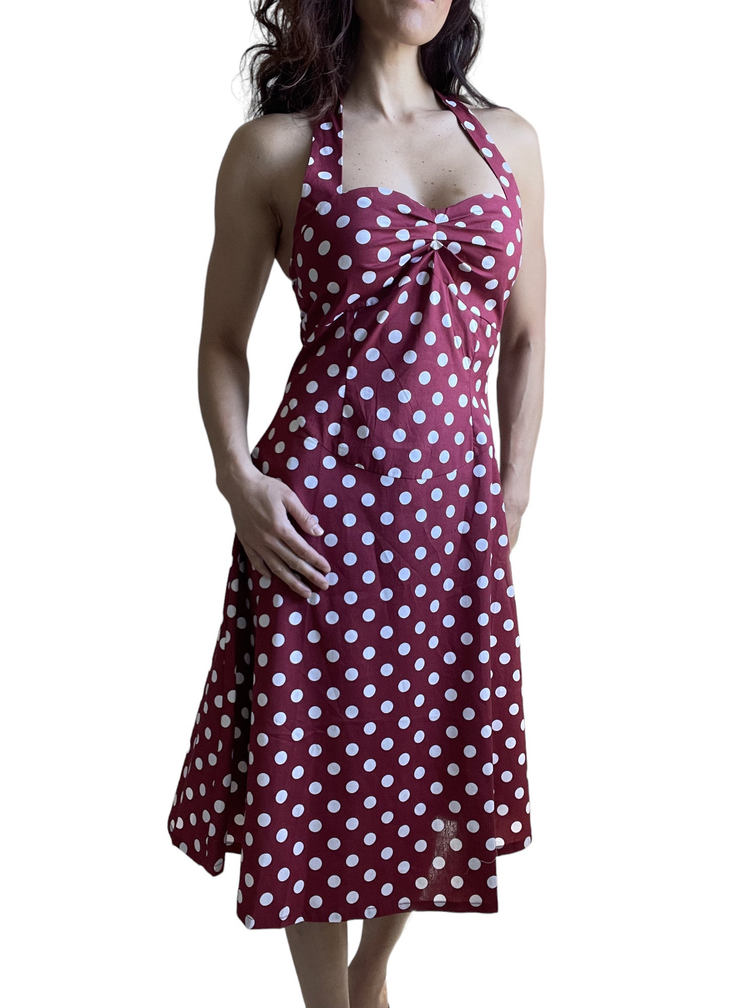 Red Polka Dot Cotton A-Line Halter Midi Summer Beach Dress - Casual Fit and Flare Sundress US10 (EU42) / Red Red Polka Dot Cotton A-Line Halter Midi Summer Beach Dress - Casual Fit and Flare Sundress US10 (EU42) / Red