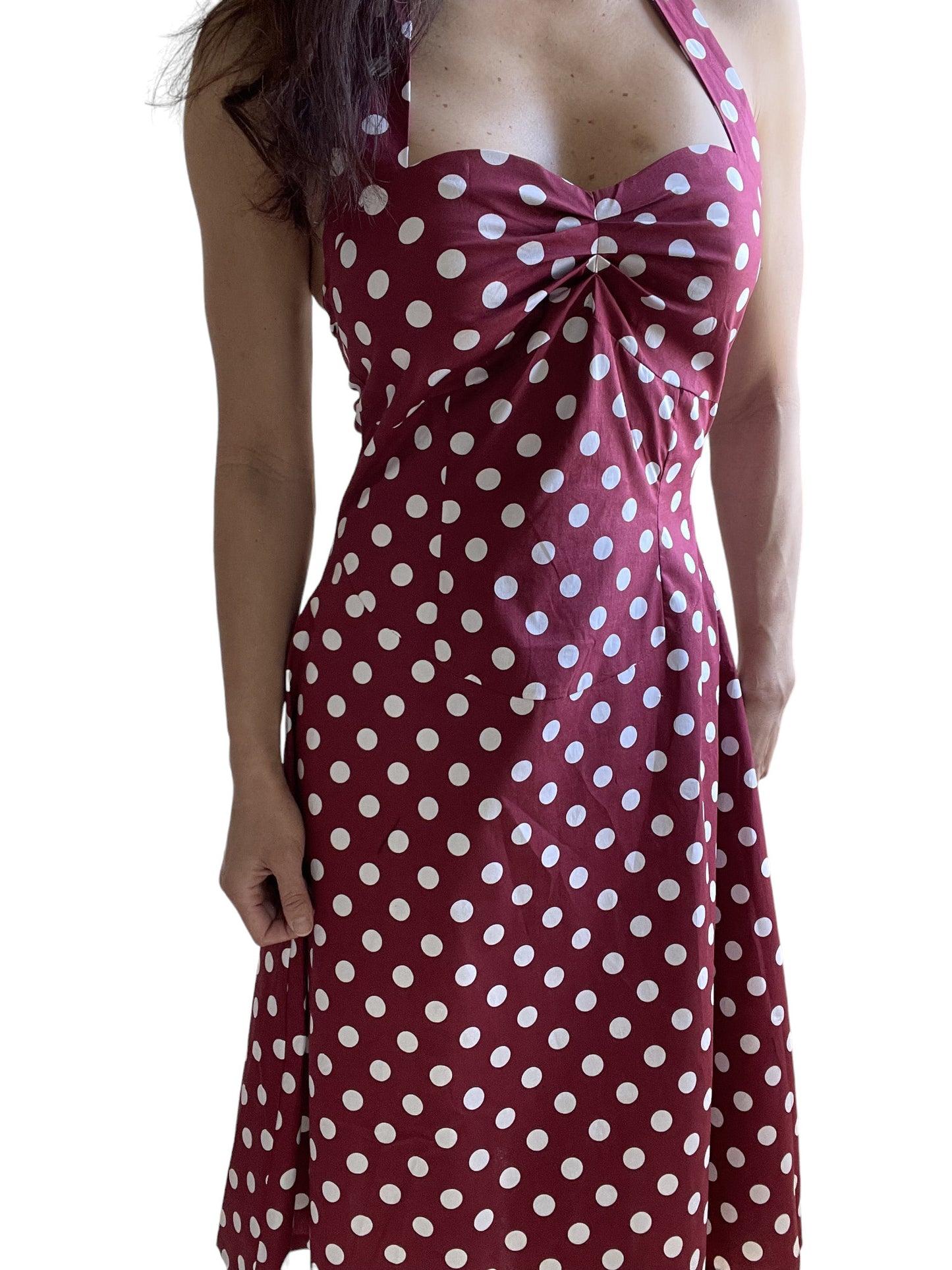 Red Polka Dot Cotton A-Line Halter Midi Summer Beach Dress - Casual Fit and Flare Sundress - Skelapparel