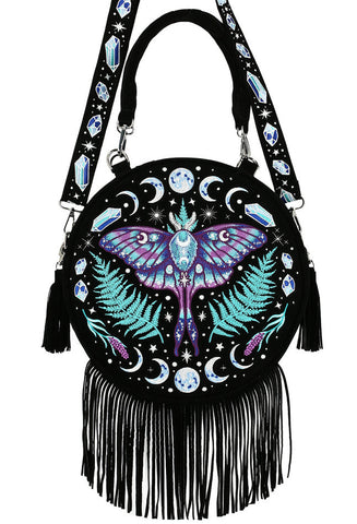 Accessories Restyle ENCHANTED FOREST Luna Moth Magick ROUND Fringes BAG with moon and crystals embroidery