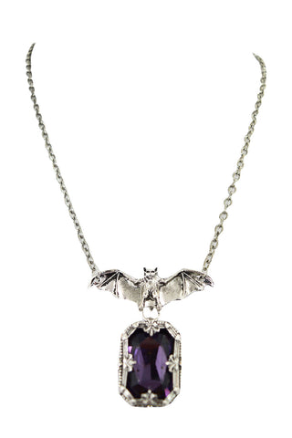 Jewellery Gothic Vampire Night Whisper Bat and Purple Chunky Gemstone Pendant Necklace