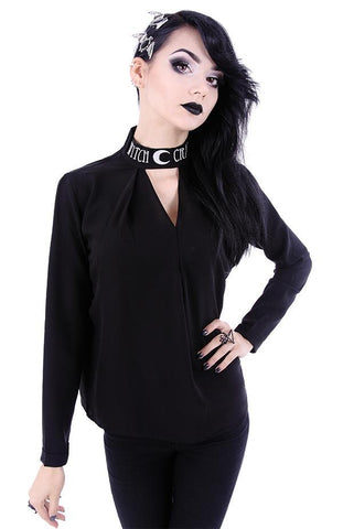 Tops Witchcraft Moon V-neck Choker Neck Black Long Sleeve Blouse Top